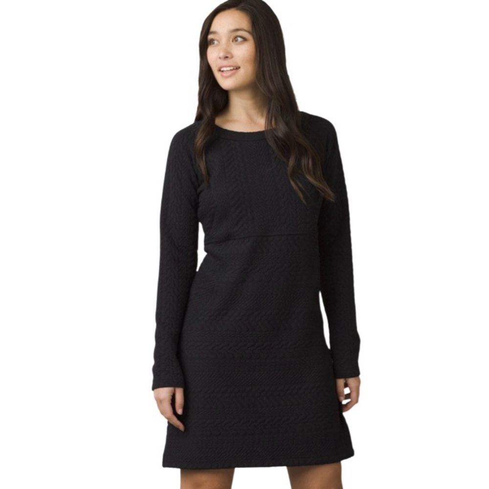 PrAna Macee Midi‎ Dress - Long-Sleeve Classic Jacquard Black Scoop Neck Sz S